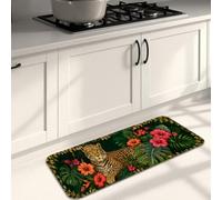Tappeto da cucina con leopardo e tucano della giungla tropicale, 40 x 119 | Tappeto per lavello da cucina, tema giungla tropicale, accenti floreali di ibisco, motivo uccellino, decorazione botanica per