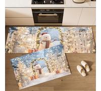 Tappeto da Cucina Ghirlanda Pupazzo Neve Recinzione Legno Tappetini e Tappeti Giardino Neve Antiscivolo Passatoia Anti-Fatigue per Corridoio, Sala da Pranzo e Ingresso, 50x80cm+50x150cm, Grigio-Blu