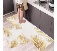 Tappeto da Cucina Illustrazioni Piante Dell'Età Dell'Oro, Set di 2 Tappetino da Pavimento Foglie Palma Moquette Antiscivolo Lavabili per Corridoio, Sala da Pranzo, 50x80cm+50x150cm - Giallo Dorato