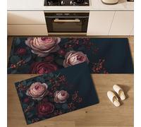 Tappeto da Cucina Rose Bacche Antiscivolo e Lavabile Passatoia da Cucina Fotografico Malinconico Set di 2 Tappetini per Ufficio, Corridoio, Sala da Pranzo e Ingresso, Verde Scuro, 43x75cm+43x120cm
