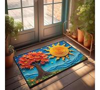 Tappeto da cucina rustico, un albero vibrante con foglie autunnali sotto un sole radioso, zerbino decorativo per camper, tappetino di benvenuto per porta d'ingresso (65 x 90 cm)