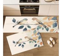 Tappeto da cucina Semplice Acquerello 2 pezzi, tappetini da cucina Uccellino Rami Foglie Antiscivolo Lavabile, Beige Tappeto Resistente alle macchie, per Lavanderia Corridoio 50x80cm+50x180cm