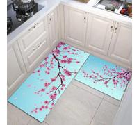 Tappeto Da Cucina Set Lavabile Antiscivolo, Tappetino Da Cucina In 2 Pezzi Tappetino Da Azzurro Cielo Con Semplice Fiore Di Ciliegio, Tappeti Runner Paesaggio Da Sogno Per Sala Pranzo, Lavanderia