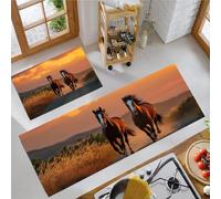 Tappeto da Cucina Tramonto Realistico, Set di 2 Tappetino da Pavimento Cavalli Galoppo Su Strade Sterrate Moquette Antiscivolo per Corridoio, Sala da Pranzo e Ingresso, 43x75cm+43x150cm - Arancia