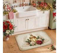 Tappeto da cucina vintage a tema invernale con stella di Natale e fiori | Composizioni floreali, tappetini da cucina per pavimento, motivi botanici invernali, stile tradizionale della fattoria