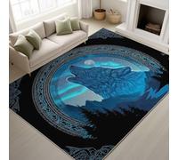 Tappeto da gioco in stile vichingo, 120 x 160 cm, soffice, stile vichingo, non perde pelo, con bordo blu, lupo boreale, facile da pulire, per sala da pranzo, cucina, ufficio