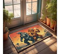 Tappeto da portico per esterni, motivo: La guerra dei giganti: leone contro Godzilla, stile retrò, tappeto per fattoria e cucina (65 x 90 cm)