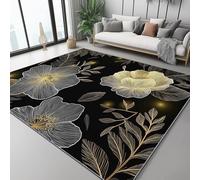 Tappeto Disegno di un fiore dorato in linea, splendido Soggiorno Antiscivolo Lavabile Pelo Corto Effetto Stampato Oro nero estivo, rilassante, fondo per cucina, soggiorno 180x250