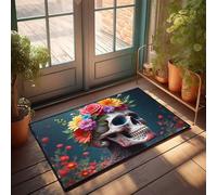 Tappeto divertente per porta d'ingresso con corona floreale: una celebrazione della vita e della morte, zerbino invernale per esterni, tappeto da cucina, stile fattoria (65 x 90 cm)