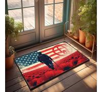 Tappeto divertente per porta d'ingresso, soldato che cammina attraverso il campo di papaveri con bandiera americana in backgro, zerbino da cucina, tappetino di benvenuto divertente (65 x 90 cm)