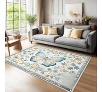 Tappeto Farfallefioristile William Morris Soggiorno Antiscivolo Lavabile Pelo Corto Effetto Stampato Blu Arancione estivo, rilassante, fondo per cucina, soggiorno 90x150