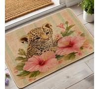 Tappeto floreale primaverile, carino cucciolo di leopardo gattino per ingresso esterno e interno, decorazione della natura, gomma impermeabile, antiscivolo, assorbe la polvere, facile da pulire