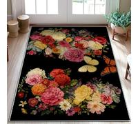 Tappeto floreale vintage farfalla crisantemo primavera nero retro antiscivolo estetico zerbino rettangolare accenti tappeto bagno ingresso comodino porta decorazione 3 'x 5'