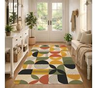 Tappeto geometrico astratto di metà secolo 3' X 5' | Estetica moderna della metà del secolo, tavolozza dei colori terrosi, Motivi astratti a semicerchio, lavoro su linee pulite