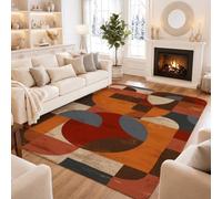 Tappeto geometrico astratto di metà secolo 5' X 7' | Estetica moderna della metà del secolo, toni caldi della terra, composizione astratta audace, decorazione dell'area di