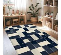 Tappeto geometrico, moderno e contemporaneo, a righe, quadrati, nessuno blu navy, antiscivolo, per interni, non perde pelo, per soggiorno, camera da letto, sotto il letto, appartamento, decorazione 10