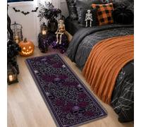 Tappeto gotico con teschi e rose a tema Halloween 2x5 | Tappeto da corridoio con motivo floreale gotico, motivo rosa scuro, accenti per la casa, decorazione con teschio e vite