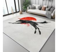 Tappeto in flanella Rosso Nero, Stile giapponese Inchiostro Lupo Sole stampato, 60 x 90 cm Tappeti Antiscivolo Morbido, Tappeti Flanella Lavabile per Camera Letto, Sala Pranzo, Camera Bambini