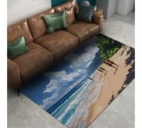 Tappeto in stile vacanza in spiaggia Nuvole bianche Palme di mare Motivo per viaggiatori Moquette a pelo basso morbido per soggiorno lavanderia Patio lavabile 100x150cm
