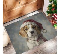 Tappeto Ingresso Cane Cappello Babbo Natale 60x120 cm Zerbino Ingresso Esterno Dipinto Ad Olio D'Epoca Tappetini Lavabili Antiscivolo Facile da Pulire per Ingresso, Corridoio, Cucina - Grigio Blu