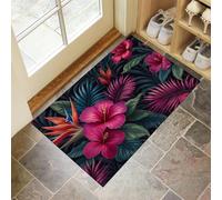 Tappeto Ingresso Interno Esotico Ibisco, Uccello Del Paradiso, Foglie Di Palma 80 x 120 cm Assorbente Tappeto Cucina Antiscivolo Lavabile in Lavatrice Passatoia Corridoio Basso Profilo Zerbino Rosa