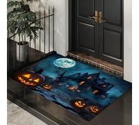Tappeto Ingresso Interno Notte Di Halloween Tappeti Casa Infestata Dell'Orrore Antiscivolo Lavabile in Lavatrice Tapette per Cucina Camera da Letto Entrata Scendiletto Ufficio, Blu-Verde, 50 x 80 cm