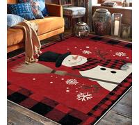 Tappeto invernale con pupazzo di neve, accogliente scopa e fiocco di neve invernale rosso a pelo basso per casa tappeto non perde pelo, per soggiorno, camera da letto, dormitorio universitario, cucina