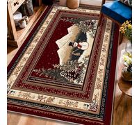 Tappeto invernale con pupazzo di neve, montagne tradizionali alberi di pino, invernale, bordeaux, a pelo basso, rettangolare, per interni, non perde pelo, per soggiorno, camera da letto, decorazione