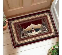 Tappeto invernale con pupazzo di neve, montagne tradizionali alberi di pino invernale bordeaux con retro antiscivolo tappetino rettangolare non perde pelo, decorazione per bagno, comodino, porta