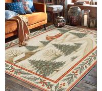 Tappeto invernale rustico con alberi di pino e sentiero invernale rosso a pelo basso per interni, rettangolare, non perde pelo, per soggiorno, camera da letto, aula, università, dormitorio, 15 x 18 cm