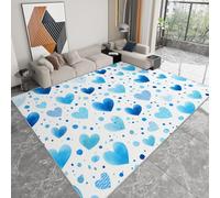 Tappeto Lavabile 100 x 160 cm per Cameretta, Corridore Antiscivolo Stile Cartoon per Camera da Letto - Tappeti Stampato Blu Bianco Acquerello Cuore Righe a Pelo Corto per Sala da Pranzo Ufficio