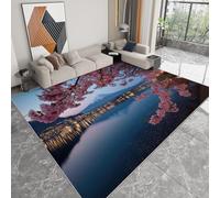 Tappeto Lavabile 100 x 160 cm per Cameretta, Corridore Antiscivolo Stile Giapponese per Camera da Letto - Tappeti Stampato Piante Rosa Ciliegi Montagne a Pelo Corto per Sala da Pranzo Ufficio
