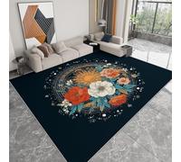 Tappeto Lavabile 140 x 200 cm Tema Celestiale per Soggiorno, Tappetino Antiscivolo Resistente Sognante Piante Fiori Stelle Luna - Tappeto Morbido Stampato per Camera da Letto Cameretta Cucina