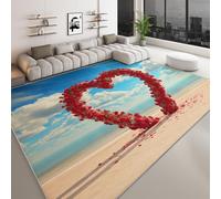 Tappeto Lavabile 160 x 230 cm per Cameretta, Corridore Antiscivolo Stile Costiero per Camera da Letto - Tappeti Stampato Oceano Spiaggia Romantico Rosa Cuore a Pelo Corto per Sala da Pranzo Ufficio