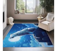 Tappeto Lavabile Antiscivolo Cartone Animato Fantasy Lupo Luna Stampato, Tappeto Passatoia Pelo Corto Morbido Blu per Corridoio Cucina, Camera da Letto, Non Perde Peli, 120 x 170 cm
