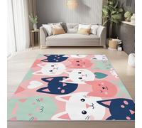 Tappeto lavabile da 140 x 200 cm Simpatico Volto Di Gatto Dei Cartoni Animati tappeto con retro antiscivolo, adatto per soggiorno, riduzione del rumore, durevole, resistente alle macchie, Rosa