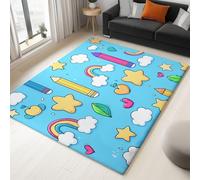 Tappeto lavabile Graffiti Pastelli A Cera Per Cartoni Animati, Moderno Tappeti 180 x 240 cm Azzurro per soggiorno, camera da letto, a pelo corto, soffice Tappeto Antiscivolo per Interno/Esterno