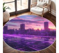 Tappeto Lavabile in Lavatrice Rotondo 180 cm, Architettura Urbana Della Tecnologia Digitale Tappeto Rotondo Salotto Morbido e Resistente All'usura Colori Al Neon Antiscivolo Tappeti per Sala da Pranzo