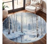 Tappeto Lavabile in Lavatrice Rotondo 80 cm, Ruscello Nella junglea di Betulle In Inverno Tappeto Rotondo Salotto Morbido e Resistente All'usura Scena di Neve Antiscivolo Tappeti per Sala da Pranzo