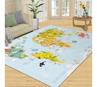 Tappeto lavabile per bambini con mappa del mondo, tappeto per soggiorno 4x6, tappeto piccolo con oceano, tappeto azzurro con animali dei cartoni animati, tappeti traspiranti antiscivolo a pelo corto p