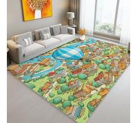 Tappeto Lavabile Salotto 160 x 230 cm, Antiscivolo a Pelo Corto Materiale in Flanella - Cartone Animato Campagna Città Architettura Tappeto Stampato Adatto per soggiorno e camera da letto Colore