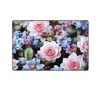 Tappeto moderno 91 x 61 cm, in peluche corto ultra morbido, lavabile, antiscivolo, motivo floreale blu e rosa, per soggiorno, camera da letto, ufficio, dormitorio, decorazione per la casa