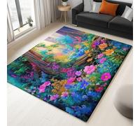 Tappeto Moderno Tappeti per la Casa Terrazza Cortile Veranda Stampato, Confortevole Soft Resistente per Soggiorno Camera da Letto Fantasia Foresta Incantata Pittura A Olio Blu Viola, 120 x 160 cm