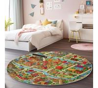 Tappeto Morbido Rotondo 120 cm, Lavabile Pelo Corto flanella Cartone Animato Città Parco Divertimenti Stampa Antiscivolo Colorato Tappeto rotondo - per Camera da Letto Sala da Pranzo Cucine