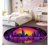 Tappeto Morbido Rotondo 120 cm, Lavabile Pelo Corto flanella Futurismo Città Tramonto Stampa Antiscivolo Colorato Tappeto rotondo - per Camera da Letto Sala da Pranzo Cucine