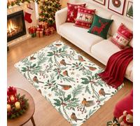 Tappeto natalizio a tema botanico con pettirossi e agrifoglio, 12 x 18 cm | Rami di agrifoglio, bacche rosse, illustrazione botanica, motivo natura invernale, accenti stagionali per la casa