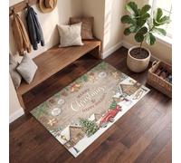Tappeto Natalizio Marrone Chiaro 50X80Cm Per Casa Bagno Cucina Camera | Zerbino Ingresso Antiscivolo Albero Natale Occidentale Camion Città Venature Legno Retrò, Tappetino Decorativo Festival Interno