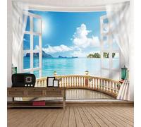 Tappeto Parete Camera da Letto, Vista dalla Finestra sul Mare Blu e Bianco della Montagna Decorazione da Parete per Camera da Letto, Soggiorno, 350x256cm