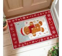 Tappeto passatoia a tema omino di pan di zenzero, motivo natalizio con fiocchi di neve, bastoncini di zucchero, rosso, antiscivolo, bordatura, zerbino rettangolare per cucina, bagno, ingresso e