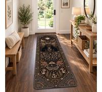 Tappeto Passatoia con Gatto Mistico e Celeste 2x5 | Luna celeste e stelle, tappeto runner per corridoio, accenti floreali botanici, motivi serpenti e falene